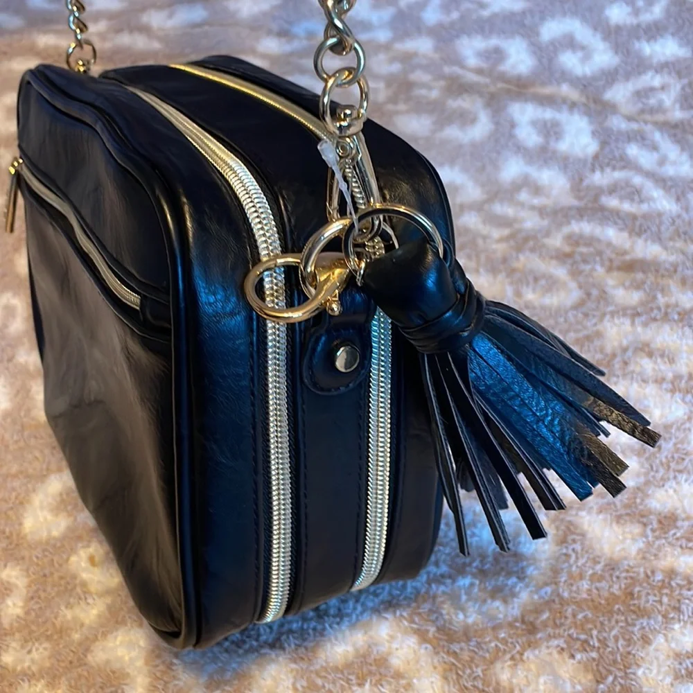 Itzy Ritzy Black Studded Crossbody Bag with Gold Tassel